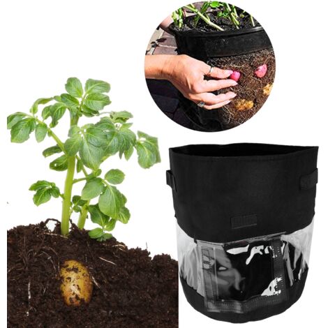 Pflanzsack mit Sichtfenster – Pflanzgefäß für Obst und Gemüse (Erdbeeren, Kartoffeln, Zwiebeln, Radieschen) – für drinnen und draußen – 30 x 35 cm / 26 l / 7 Gallonen – Filz + PE – Schwarz