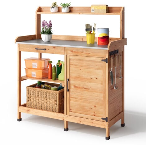 Pflanztisch Bealife Außen-Gartenarmoire aus Tannenholz Gartentisch Metallplatte 6 Haken 1 Tür 1 Schublade