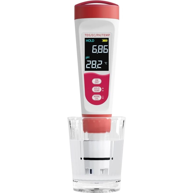 PH Mètre 4 en 1, Testeur de Qualité de l'eau pour pH/TDS/EC/Température, pH Mètre Numérique IP67 avec Étalonnage Automatique et lcd Rétroéclairé pour