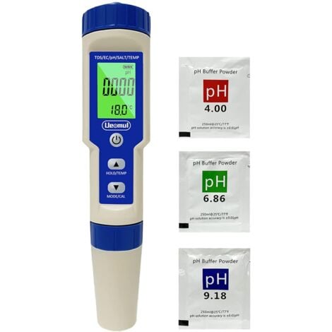 ph Mètre 5 En 1 Avec Température de Salinité Tds EC Testeur Multifonctionnel de Haute Précision Étanche Compensation Automatique de La Température Auto-étalonnage Testeur Ph Numérique