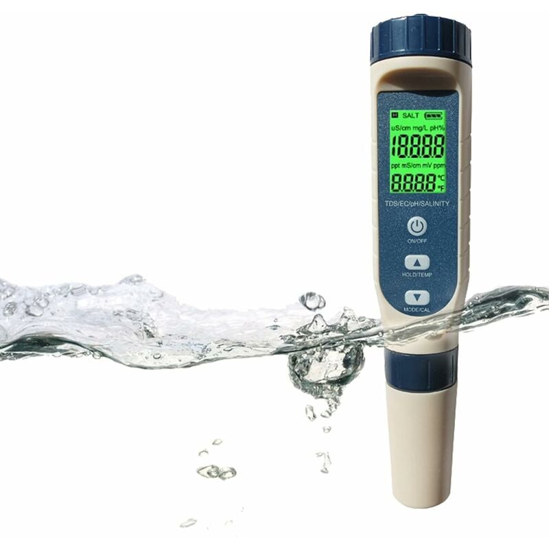 Ph Mètre Électronique, 5-en-1 PH/TDS/EC/Salinité/Température Testeur de Qualité de l'Eau, lcd Vert Rétroéclairage Testeur de Qualité de l'Eau pour