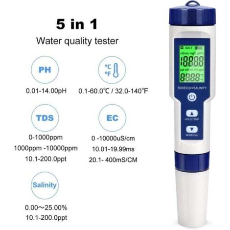 Ph-mètre Testeur PH Electronique , Testeur Eau Piscine 5 en 1 avec Rétro-éclairage , PH/TDS/EC/Salinité/TempmèTre avec ATC , PH Metre Haute Précision de Résolution 0.01 , pour Eau Potable , Aquarium ,