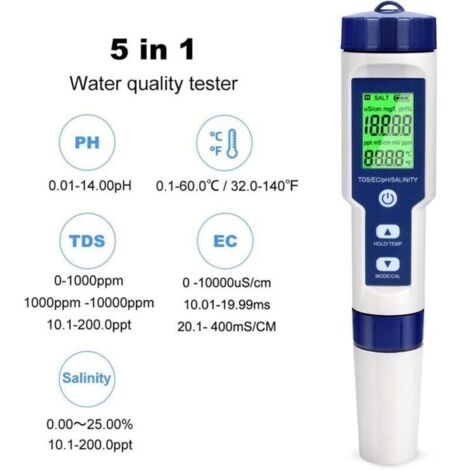 Ph-mètre Testeur PH Electronique, Testeur Eau Piscine 5 en 1 avec Rétro-éclairage, PH/TDS/EC/Salinité/TempmèTre avec ATC, PH Metre Haute Précision de Résolution 0.01, pour Eau Potable, Aquarium, Spas