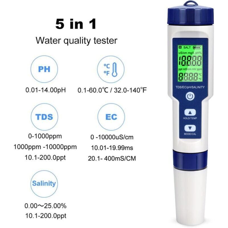 SNQ - Ph-mètre Testeur ph Electronique, Testeur Eau Piscine 5 en 1 avec Rétro-éclairage, PH/TDS/EC/Salinité/TempmèTre avec atc, ph Metre Haute