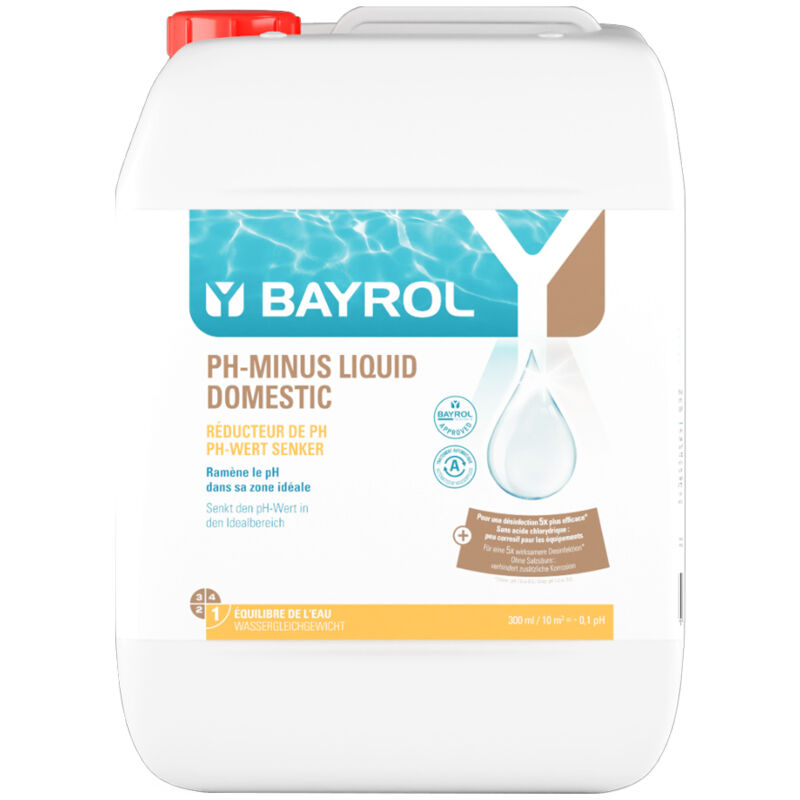 Bayrol – pH moins liquide 20L – Abaisse le pH au-delà de 7,4 – Compatible avec tous les systèmes de filtration – Prêt à l'emploi