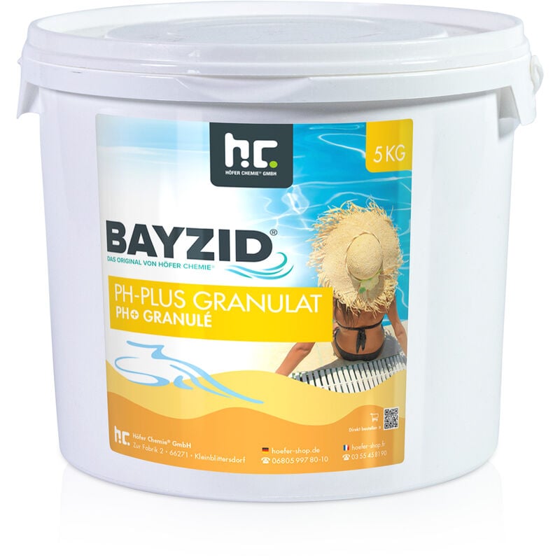 Höfer Chemie 1 x 5 kg de granulé pH Plus BAYZID assure une augmentation rapide et fiable de la valeur du pH dans la piscine.