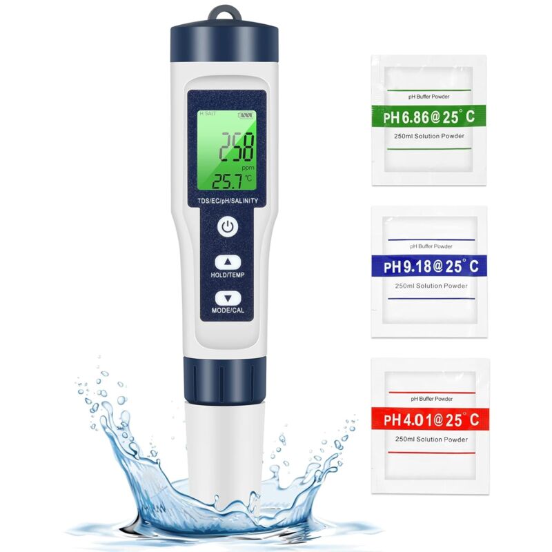 Ph tds mètre, testeur de qualité de l'eau 5 en 1 PH/TDS/EC/sel/température tds mètre lcd rétro-éclairage vert pour piscine/aquarium/étang