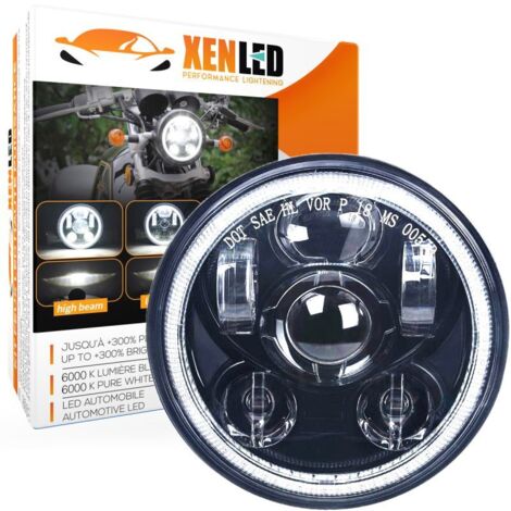 Phare 5.75" LED Moto - 057D - 45W 4000Lms 5500K - Noir Rond avec Feux de jour LED - XENLED - Bi-LED