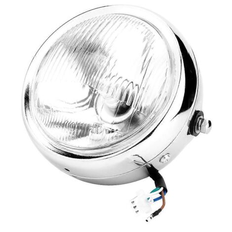 Phare avant universel pour moto GN125, style rétro, coque argentée, lentille blanche, feu de tête puissant.