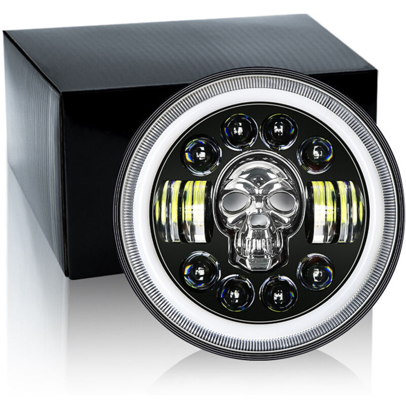 Lifcausal - Phare de moto rond rvb de 7 pouces, phare de crâne Angel Eye IP67 étanche avec plusieurs modes d'éclairage pour véhicule tout-terrain de