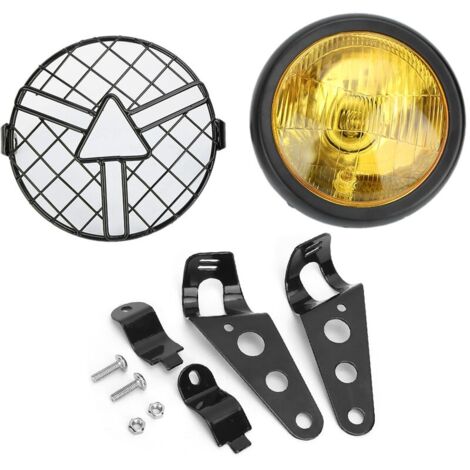 Phare de moto Universal 5.75inch 35W Lampe frontale grill rétro Lumière de devant avec support de couvercle de grill abat-jour(Jaune)