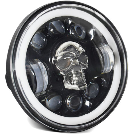 phare LED pour moto de 5,75 pouces, motif tête de mort, avec feux de route/croisement, clignotants DRL et lumière d'angle colorée