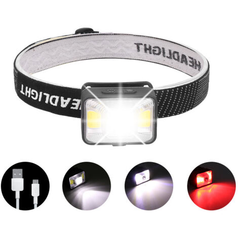 Phare LED rechargeable par USB 1800 mAh, 200 lumens, petit mini phare lumineux de travail avec 5 modes d'éclairage blanc et rouge, phare puissant étanche IPX5 pour la course, le camping, la lecture, l