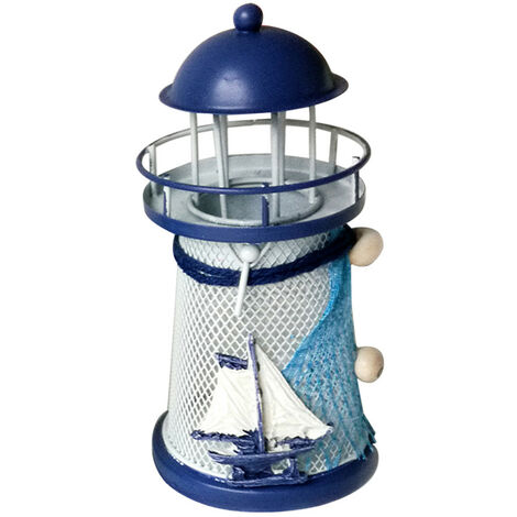 Phare Méditerranéen Fer Bougie Bougeoir Bleu Blanc Maison Table Décor