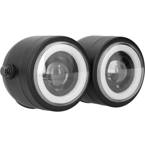 Phare rond universel à LED avec double anneau lumineux blanc pour moto rétro, feux de croisement et feux de jour (DRL).
