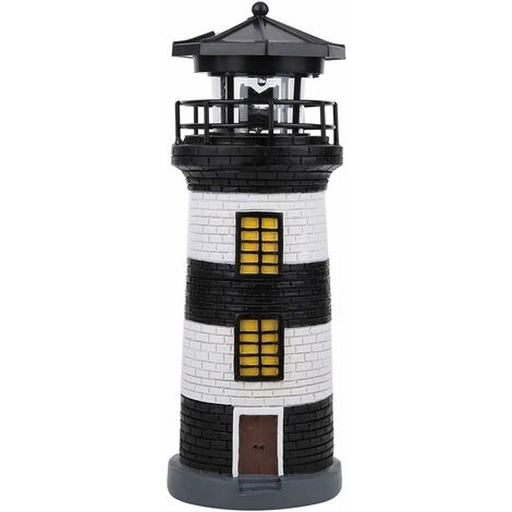 Phare solaire, statue de phare à énergie solaire à LED rotative lumière extérieure jardin jardin pelouse artisanat ornement accessoires de jardin (noir et blanc)