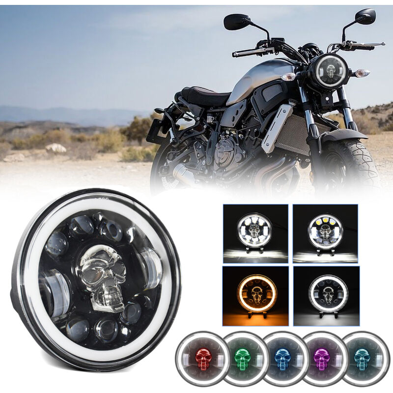 Lifcausal - Phares ronds de 5,75 pouces avec tête de mort, prise H4 150W 25000LM, lumière blanche, lumière multicolore tête de mort (1 pièces)
