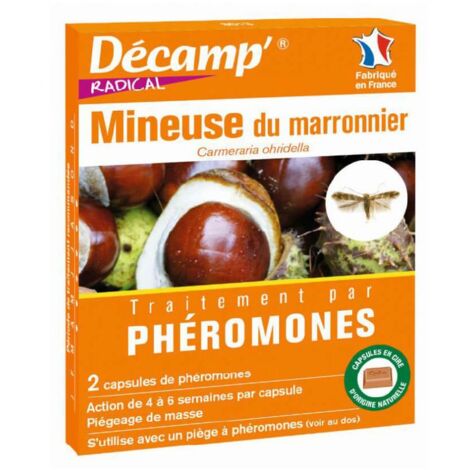 Phéromone contre la mineuse du marronnier – 2 capsules – Action 4 à 6 semaines – Utilisation d'avril à septembre – Écologique et sélectif – Décamp'