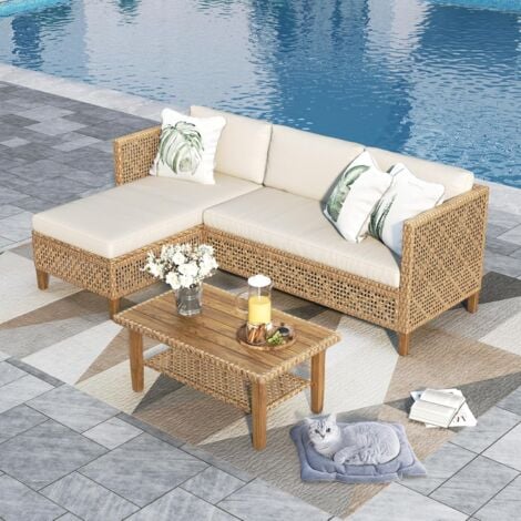 PHI VILLA 3 Pieces Rattan Garden Furniture with Outdoor Coffee Table, L Shaped Patio Wicker Corner Sofa Sectional Furniture Set with Thickened Cushions and Pillows Beige