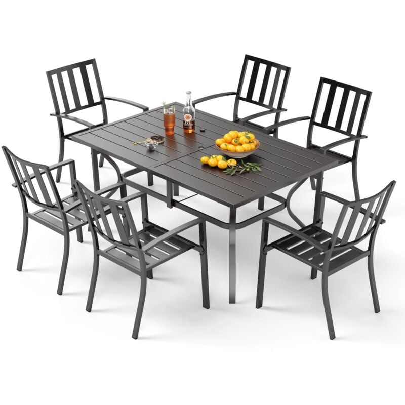 Ensemble de meubles de jardin, table rectangulaire en métal avec trou pour parapluie et 6 chaises de jardin empilables, ensemble de salle à manger
