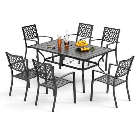 PHI VILLA 7 Piece Garden Outdoor Patio Dining Set, Rectangular Metal Table with Umbrella Hole and 6 Stackable Garden Chairs, Garden Table and Chairs Set