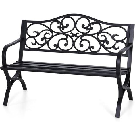 PHI VILLA Garden Bench Patio Metal Frame 2-3 Seater Black Outdoor Bench with Floral Pattern Backrest for Lawn, Deck, Park