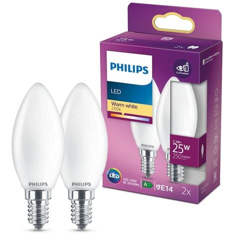 Philips ampoule LED Flamme E14 25W Blanc Chaud Dépolie, Verre, Lot de 2