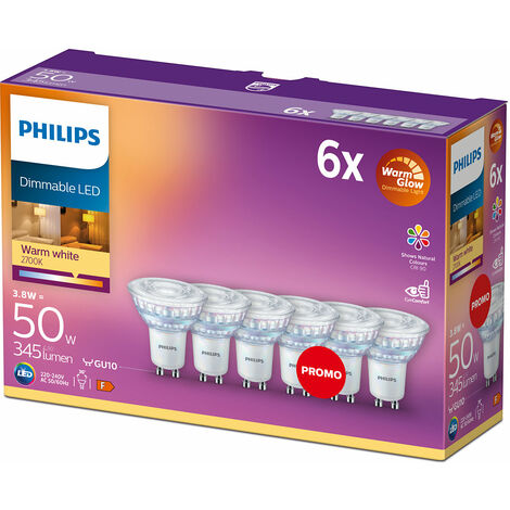 Philips ampoule LED Spot GU10 50W Blanc Chaud Compatible Variateur, Verre, Lot de 6