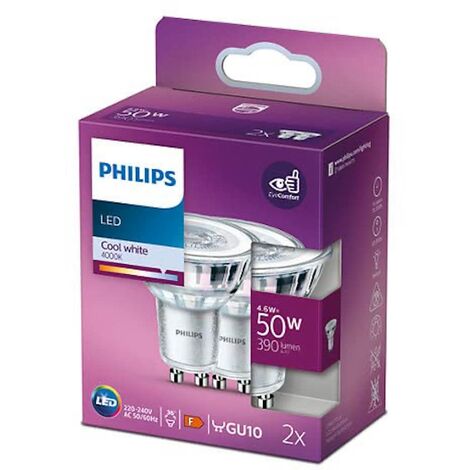 Philips ampoule LED Spot GU10 50W Blanc Froid, Verre, Lot de 2
