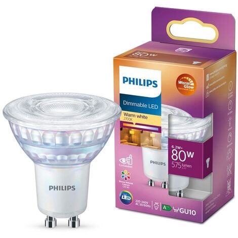 Philips ampoule LED Spot GU10 80W Blanc Chaud Compatible Variateur, Verre