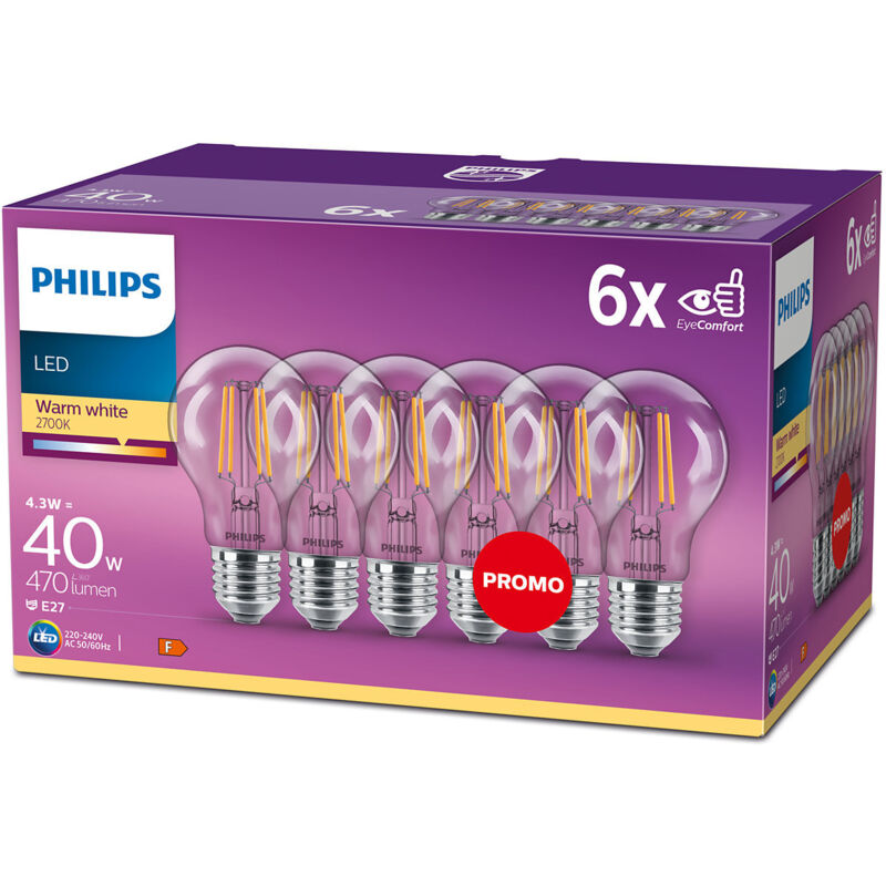 Philips - ampoule led Standard E27 40W White Chaud Claire, Verre, Lot de 6
