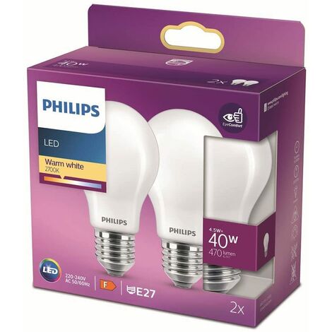 Philips ampoule LED Standard E27 40W Blanc Chaud Dépolie, Verre, lot de 2