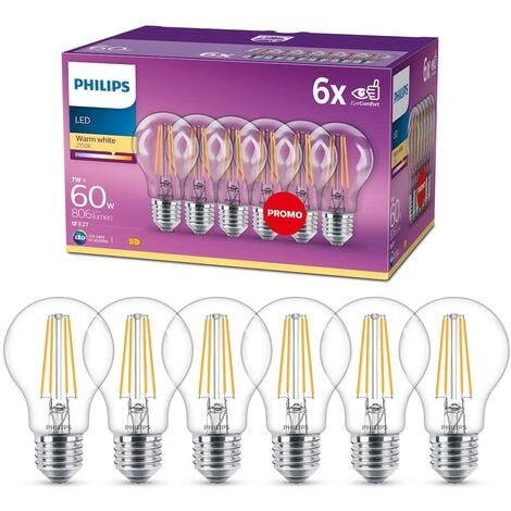 Philips ampoule LED Standard E27 60W Blanc Chaud Claire, Verre, Lot de 6