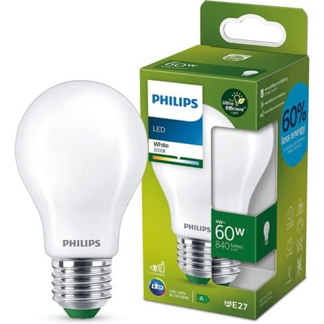 Philips ampoule LED Ultra Efficient culot E27, classe énergétique A, 60W, 3000K Blanc, verre