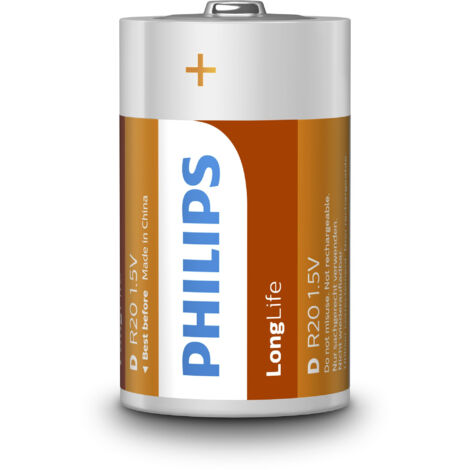 PHILIPS AUDIO LongLife - R20 D battery, 2-blister pack, couleurs aléatoires, blanc, vert