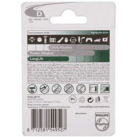 Philips Batteria D-r20 Zinco-Carbone, 1,5Volt 0,1 2 Pezzi