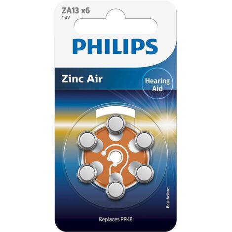 PHILIPS Blister 6 Zinc Air Ideale per apparecchi acustici (PR48), 1,4V, 280 mAh