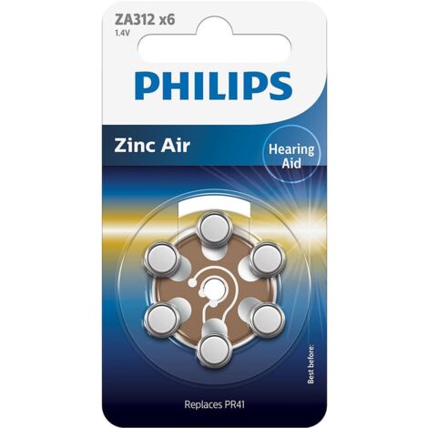 PHILIPS Blister de 6 Zinc Air Idéal pour les appareils auditifs (PR41), 1.4V, 160 mAh,