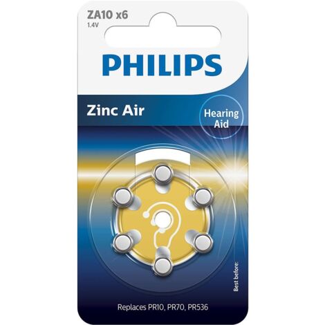 PHILIPS Blister pack 6 Zinc Air Idéal pour les appareils auditifs (PR10, PR70, PR536), 1.4V, 90 mAh