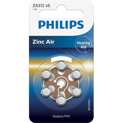 PHILIPS Blisterpackung mit 6 Zink-Luft Batterien Ideal für Hörgeräte (PR41), 1,4 V, 160 mAh,