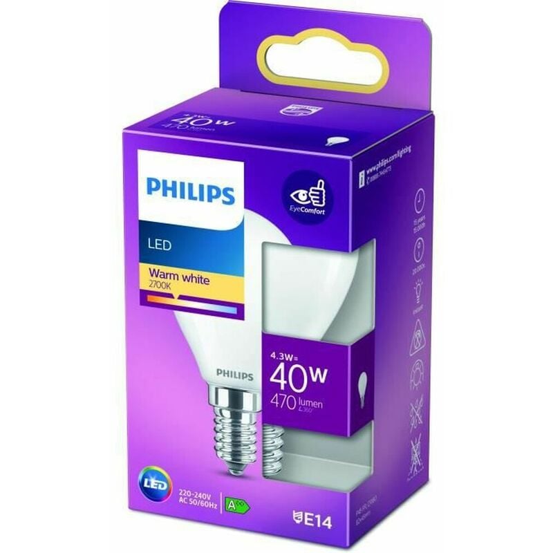 

Bombilla esferica led e14 4,3w 470lm 2.700k luz calida - Philips