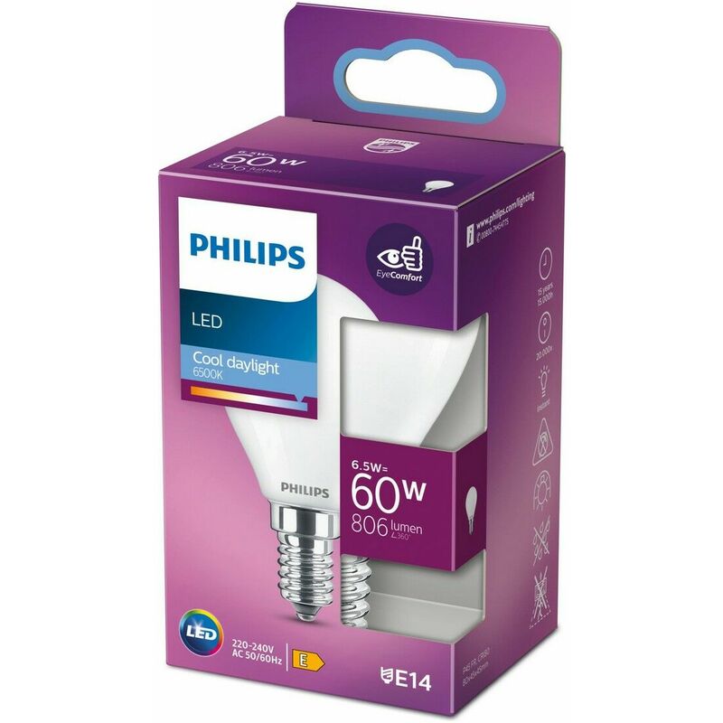 

Bombilla esferica led e14 6,5w 806lm 6.500k luz fria - Philips