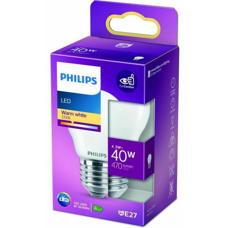 

Bombilla esferica led e27 4,3w 470lm 2.700k luz calida - Philips