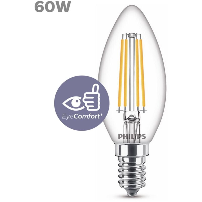 

Philips - Bombilla LED Cristal, 60W, E14, Vela Filamento, Filamento, Luz Blanca Cálida, No Regulable