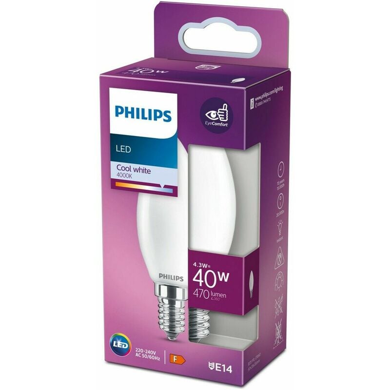 

Bombilla vela led e14 4,3w 470lm 4.000k luz dia - Philips