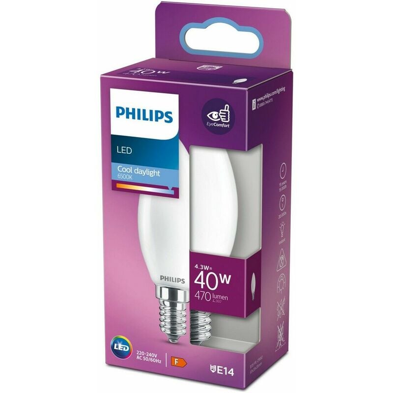 

Bombilla vela led e14 4,3w 470lm 6.500k luz fria - Philips