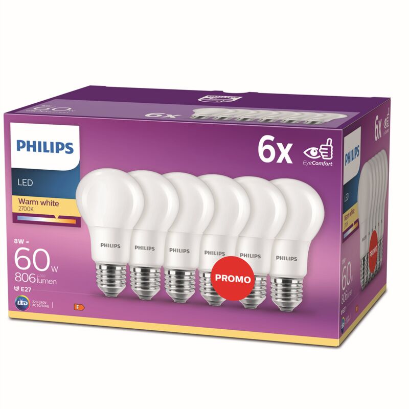 

Bombilla LED 60W, E27, luz blanca cálida, mate, no regulable, pack 6 - Philips