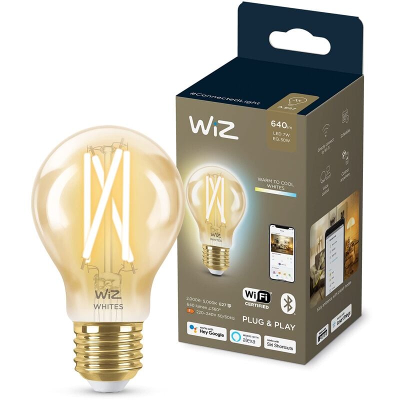 WiZ Lampadina Smart WiFi, Luce Bianca da Calda a Fredda Dimmerabile, Filamento Ambrata, E27, 7W, Tecnologia SpaceSense, Controllo Vocale (Alexa,