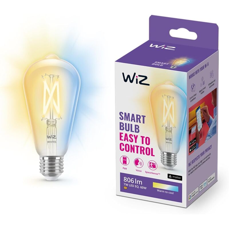 WiZ Lampadina Smart WiFi, Luce Biancada Calda a Fredda Dimmerabile, Filamento, E27, 7W, Tecnologia SpaceSense, Controllo Vocale (Alexa, Apple
