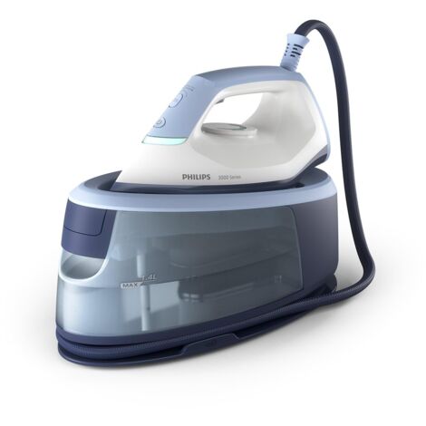 Philips Ferro da stiro con Generatore di Vapore Serie 3000, 2400W, 120g/min di Vapore Continuo, Colpo Vapore da 350g, 6 Bar, Vapore Verticale, Piastra in Ceramica, Azzurro Intenso (PSG3000/20)